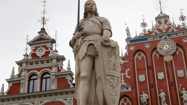 Roland Statue and House of the Blackheads at Town Hall Square in Old Riga, Latvia