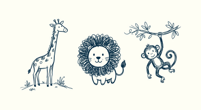 Cute hand drawn jungle safari animals vector illustration featuring giraffe, lion, and monkey
