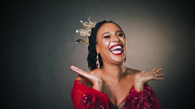 Portrait joyful happy fantasy african american woman princess, clapping hands smiling face open mouth red lips. Queen girl shout surprised emotions joy news. Carnival costume dress crown. gray studio