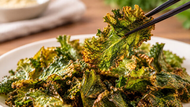 Homemade crispy baked kale chips healthy vegetable snack served on a white plate 