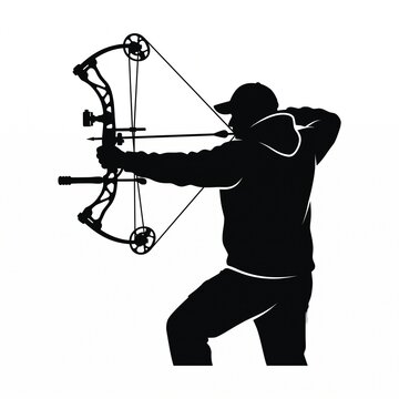 Minimalist Black Silhouette of a Professional Male Archer Aiming a Modern Compound Bow with Precise Accuracy, Sport Bowhunter Illustration Isolated on White Background for Commercial Design.