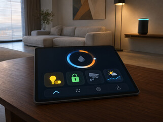 Smart home interface displayed on a tablet, connected devices technology, modern home © AhmedSherif