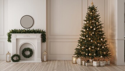 Obraz premium Decorated Christmas Tree by Fireplace With Gifts in Cozy Living Room
