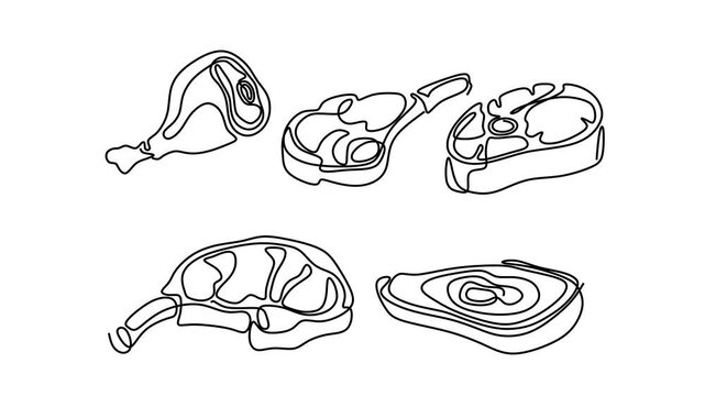 Continuous line animation of six different cuts of meat, beef steak and poultry, food and butchery concept