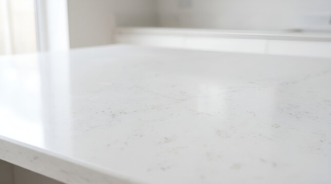 Polished white marble kitchen island surface with light grey veining in a minimalist home