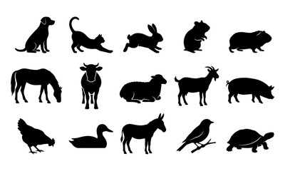 Fototapeta premium Collection of various domestic farm and pet animal silhouettes on white