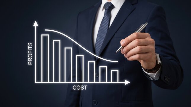 Business profit decline chart with falling bar graph, businessman pointing at decreasing financial profits and rising cost data, corporate economic loss