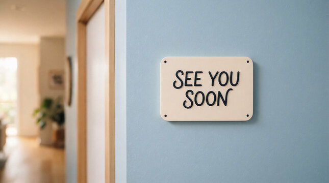 See you soon sign mounted on a light blue wall in a modern office hallway with soft natural lighting