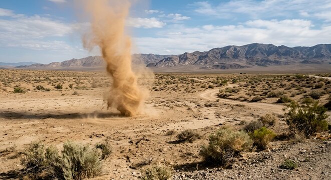 Natural Dust Devil Swirling Across Open Dry Desert Landscape