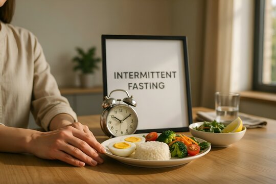 Intermittent Fasting Concept with Healthy Meal, Clock, and Information Sign on Dining Table &mdash; Intermittent fasting, healthy eating, nutrition, weight management, diet planning, meal timing, wellness, 