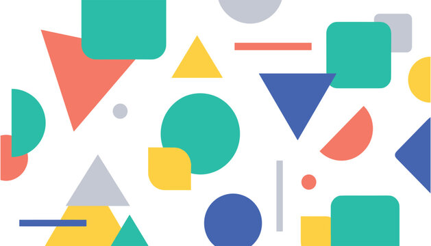 Abstract geometric vector background featuring playful minimalist shapes pattern with circles triangles and squares in vibrant green blue yellow and orange