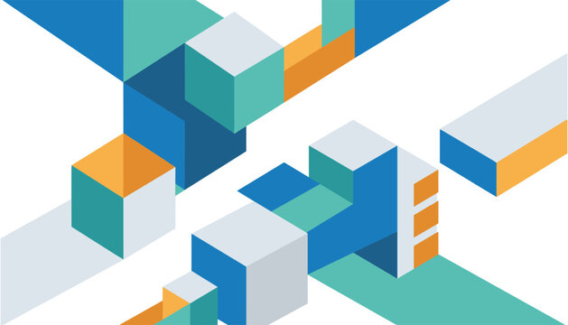 Abstract isometric vector background featuring modern 3D geometric block structures and blocks in blue teal orange grey and white colors