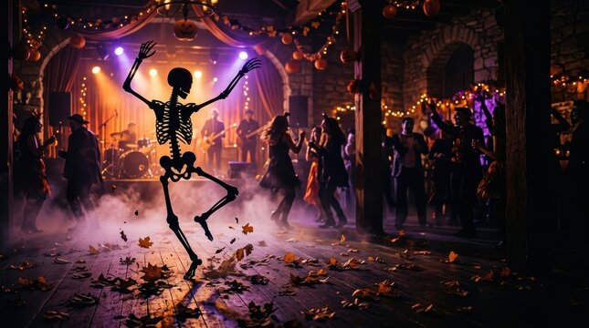 Dancing Skeleton Silhouette at Festive Halloween Party in Atmospheric Ballroom with Copy Space and Autumn Leaves