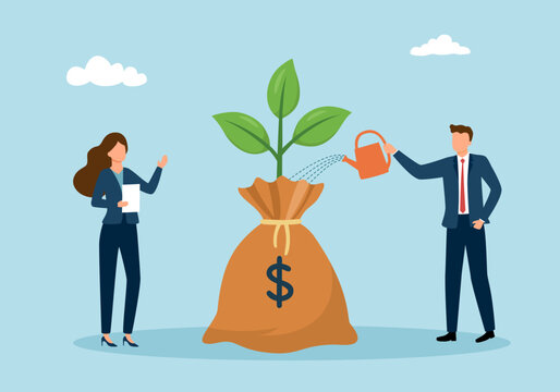 People growing money tree illustration. Business investmment.