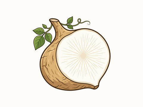 Jicama root sliced in half showing white flesh with green leaves isolated on white background