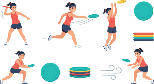 Female Ultimate Frisbee Player Character Set with Woman Throwing Catching and Running with Flying Disc Sports Vector Illustration Designs