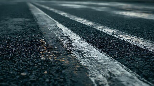Wet Asphalt Road with White Lines Close Up.