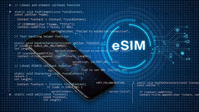 Modern digital concept featuring esim technology on a smartphone screen with abstract data background for year 2027