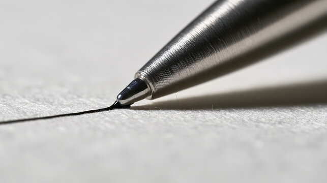 Macro photograph of precision ballpoint pen tip writing smooth black ink line on textured paper