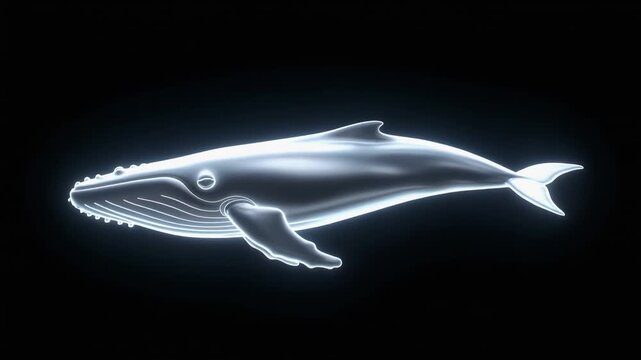 黒背景を銀色に輝くクジラが優雅に泳ぐビデオ