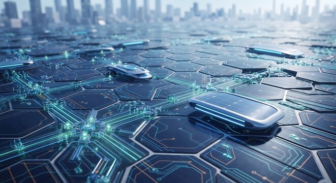 Modern sustainable city infrastructure with solar panels and futuristic smart grid technology