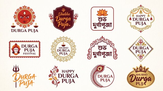 Set of Decorative Durga Puja Labels for Traditional Indian Festival