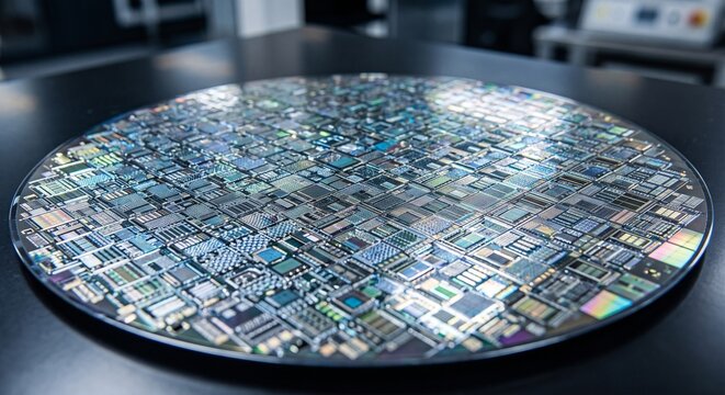 Advanced semiconductor silicon wafer with intricate microchip processor architecture on a dark laboratory table