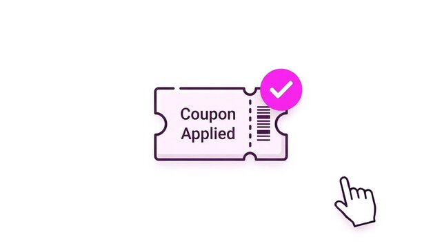 Animated graphic of a coupon with "Coupon Applied" text and a discount tag icon being clicked with a cursor, indicating a successful transaction
