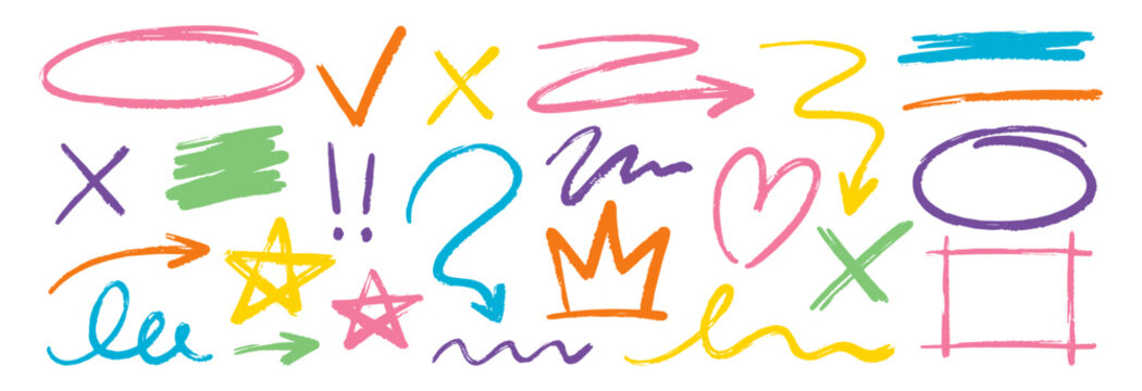 Collection of artistic strokes, doodles, and highlights featuring chalk textures, marker effects, and scribbled patterns ideal for creative backgrounds and kid-friendly designs.