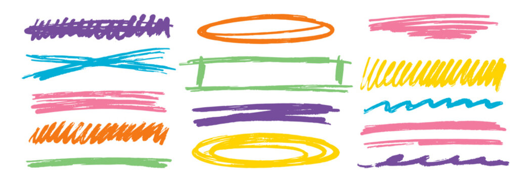 Hand-drawn pencil lines and colorful crayon strokes create artistic underlines, sketches, and doodles with rough texture and freehand pencil marks on white background.