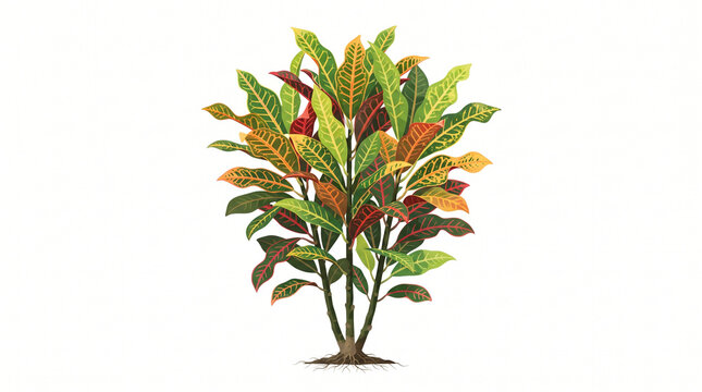 Detailed colorful croton bush displaying vibrant variegated leaves and roots isolated on white background