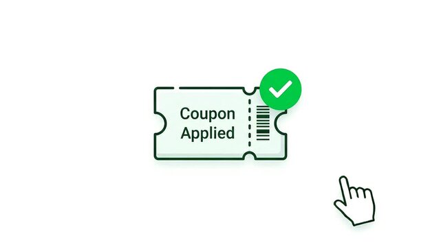 Animated icon of a coupon with the text applied coupon and a green checkmark indicating successful discount redemption for online shopping