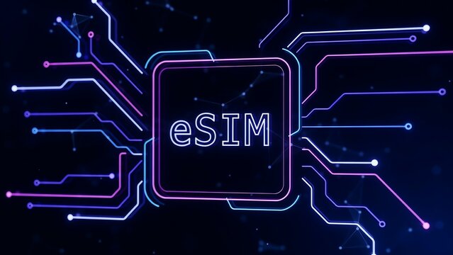 Digital esim technology concept with glowing circuit board connections for mobile network connectivity in the year 2027