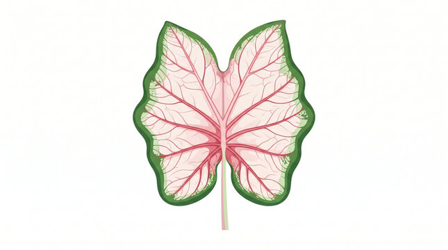 Heart shaped pink caladium leaf featuring detailed reddish veins and green border isolated on white.