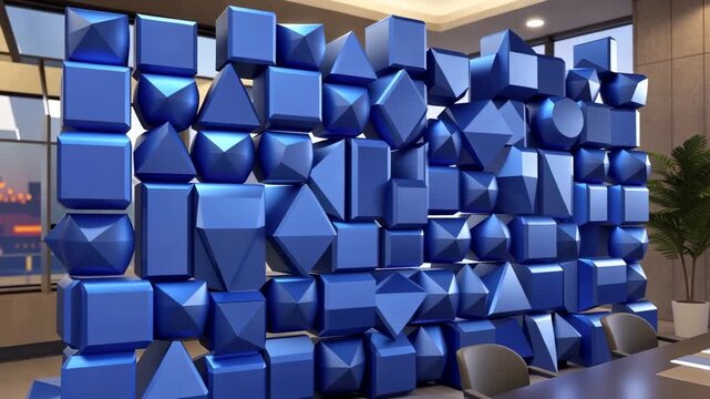 Blue Geometric Shapes forming a modern partition in a contemporary office space with city view during sunset