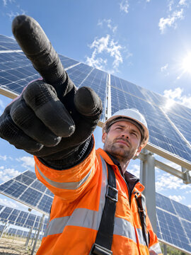 Pointing gesture leads toward photovoltaic arrays in a dynamic low-angle composition.