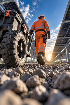 Solar maintenance cart and technician seen from a dramatic ground-level view.