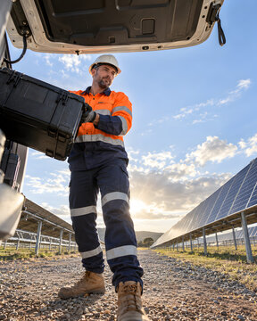 Solar technician unloading equipment from an unbranded service vehicle.