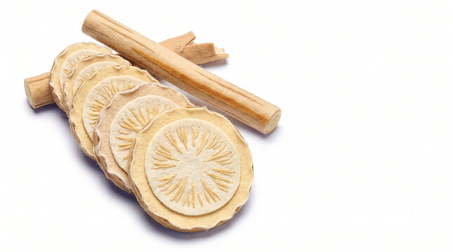 Astragalus root slices arranged on a white background  