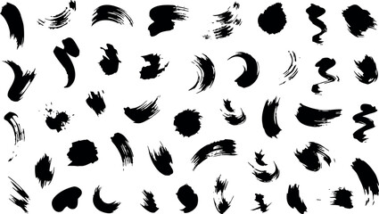 Fototapeta premium Set of black ink brush strokes isolated on transparent background hand drawn artistic texture design elements for creative graphic projects variety of grunge painting marks.