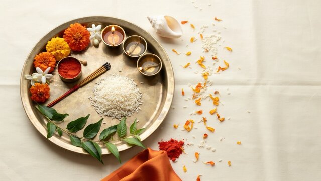 Traditional Hindu prayer puja thali plate with marigold flowers incense and rice grains