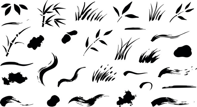 Zen style sumi e ink brush strokes collection with bamboo leaves grass and abstract shapes on transparent background for asian art and calligraphy design elements set of black.
