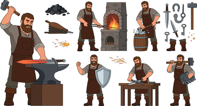 Blacksmith Craftsman Character Set with Poses for Forging Swords Heating Metal Using Anvil Forge Furnace and Medieval Weapons Tools Vector