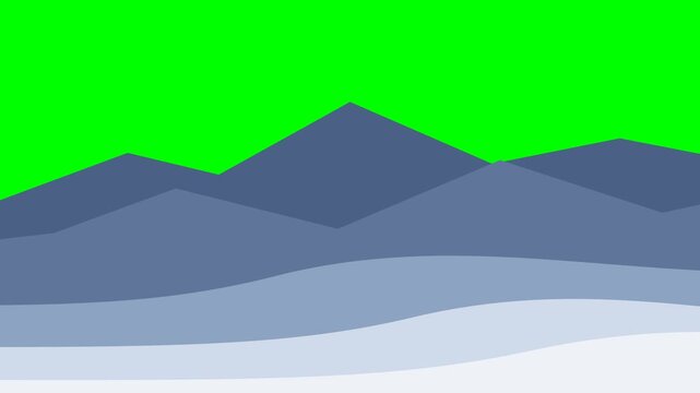 Professional 4K animated winter landscape featuring a completely static background, enhanced deeper zoom-in scaling, and rightward parallax pan across flat layered mountain ridges isolated on pure chr