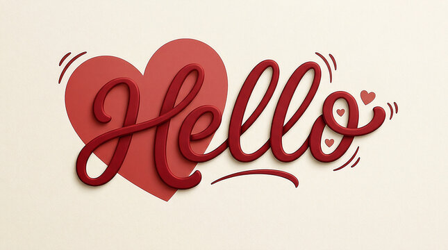 Red yarn calligraphy Hello text with a heart shape on a textured off-white background