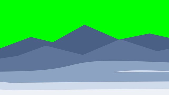 Professional 4K animated winter landscape featuring flat layered mountain ridges matching the reference style with a static background, smooth zoom-in, rightward parallax pan, and seamless edge-to-edg