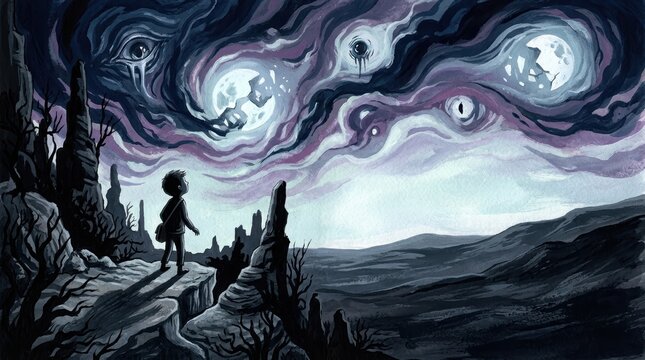 Eerie cosmic horror storybook illustration of a solitary boy looking at an eldritch sky with swirling portals, eyes, and fractured moons, dark gouache landscape with copy space.
