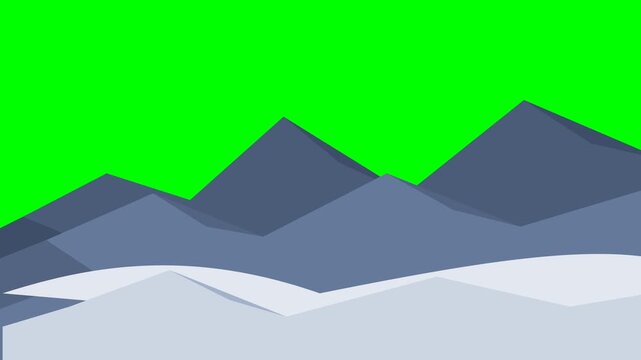 Professional 4K animated full-width layered blue-tone winter mountain landscape featuring continuous geometric faceted peaks and rolling snow hills spanning edge-to-edge isolated on pure chroma key gr