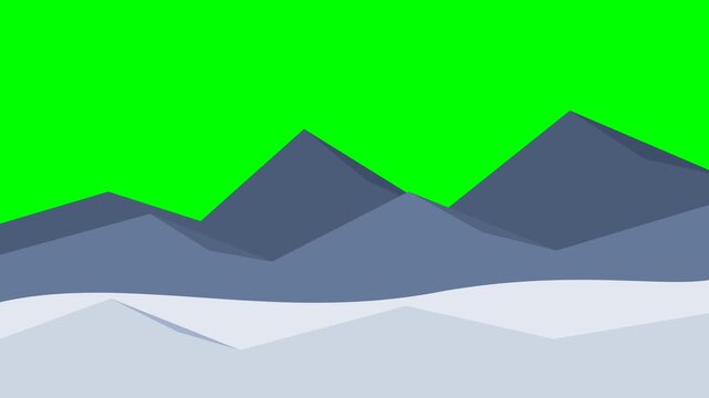 Professional 4K animated layered blue-tone winter mountain landscape featuring geometric peaks, faceted silhouettes, and rolling snow foreground isolated on pure chroma key green screen background bas