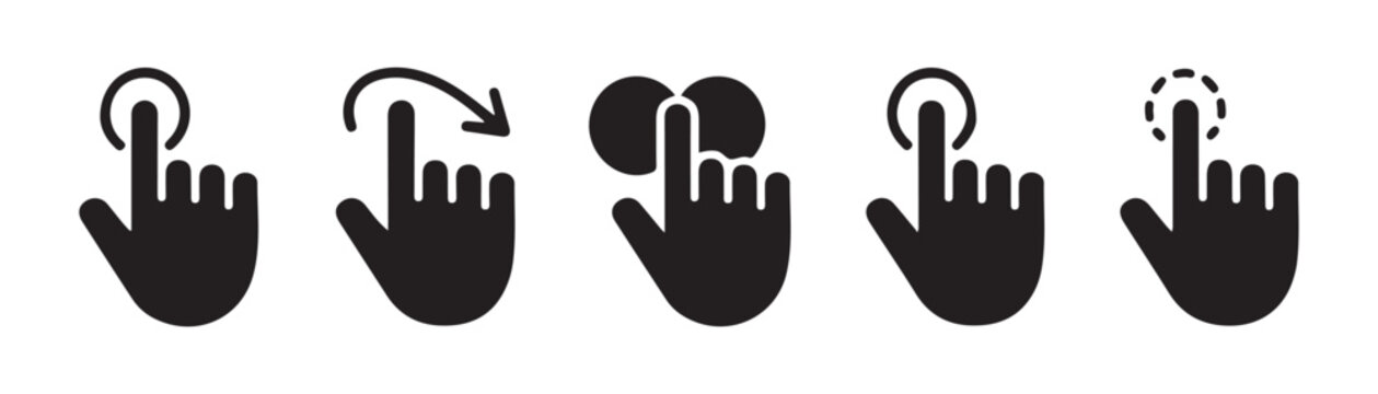 Solid black hand gesture icons for touchscreen interaction showing tap swipe and multi touch moves.